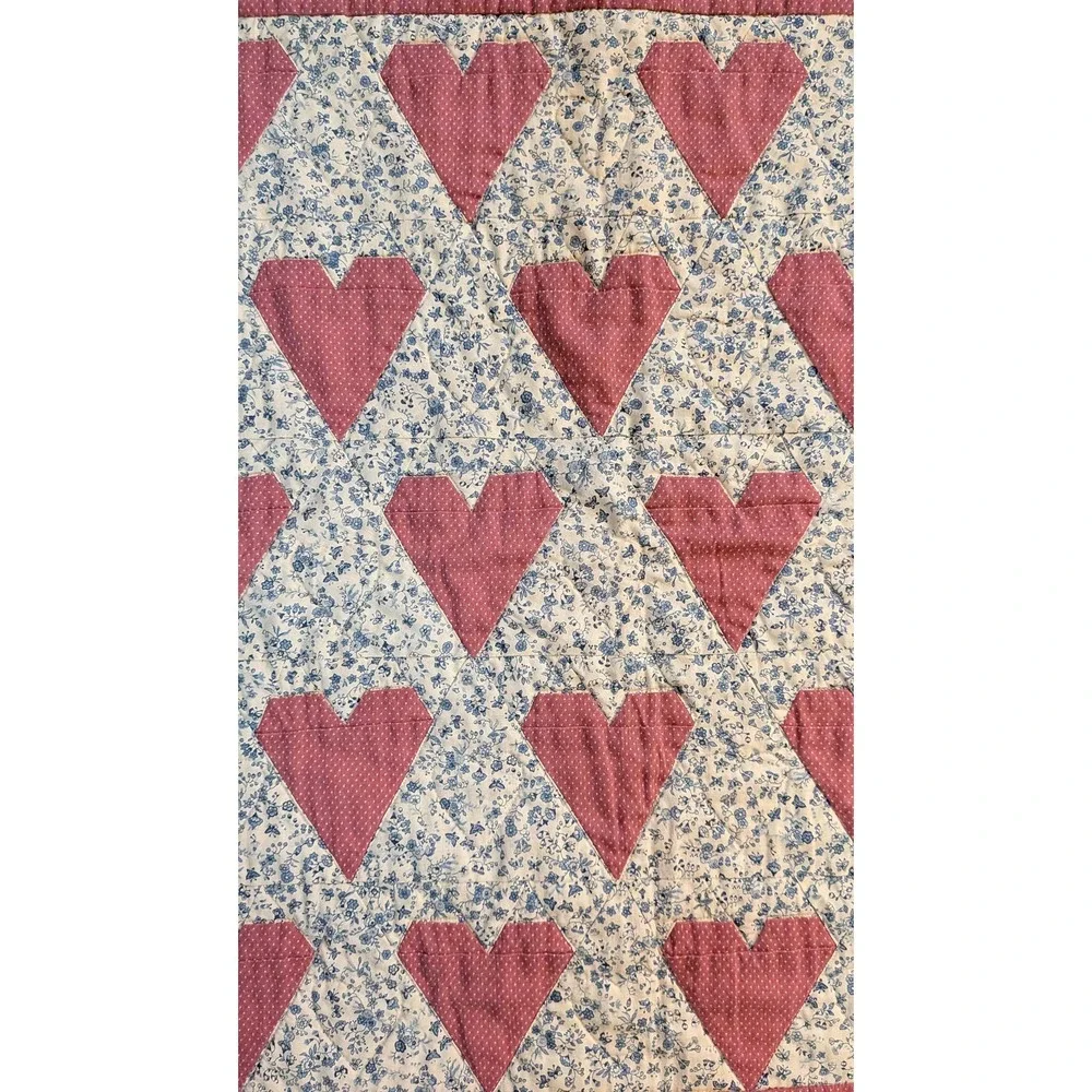 Vintage Style Quilted Heart Wall Hanging Pink Blue Floral Nursery Decor 28x28